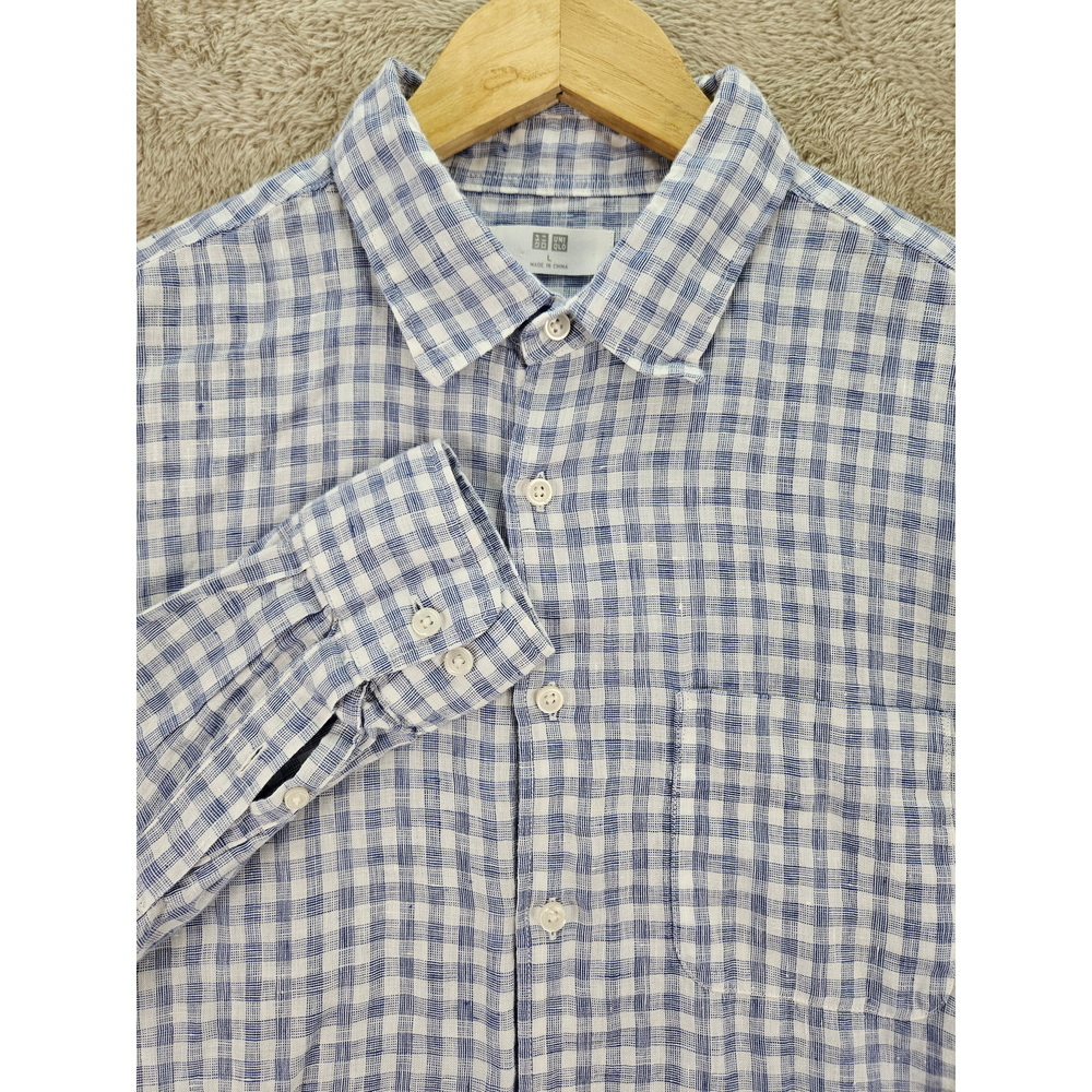 Uniqlo 100% Linen Shirt Button-down Checkered Pattern Plaid